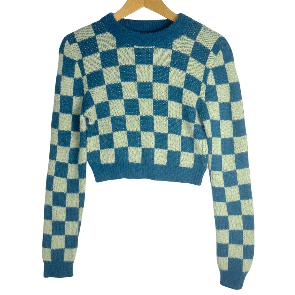 LA Hearts Womens Checkerboard Knit Crop Sweater Blue Green Fuzzy Y2K Size Small